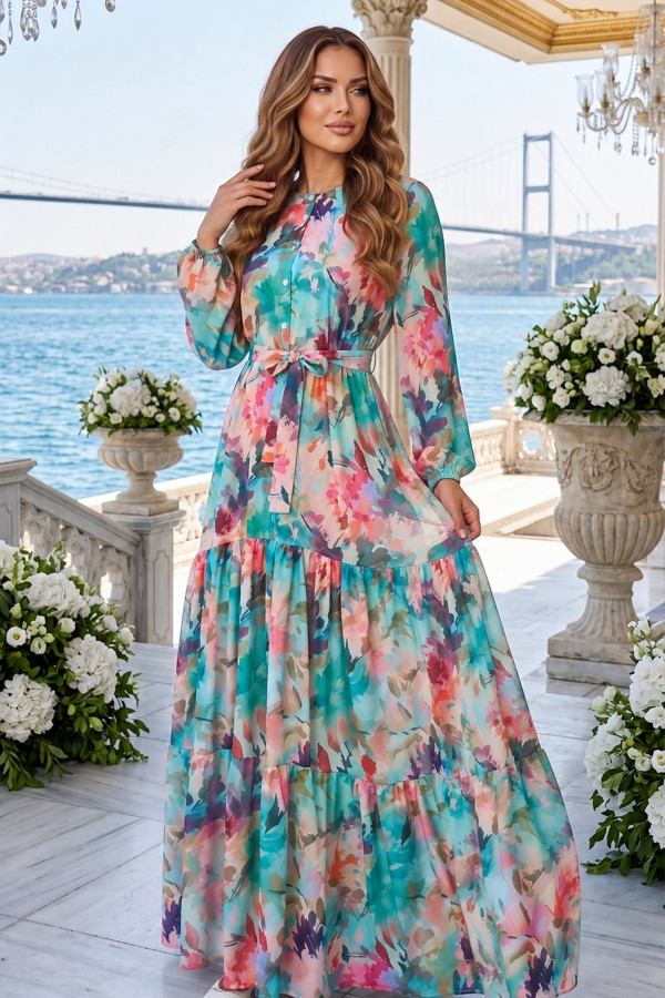 Desenli Tesettür Elbise Fuşya 551