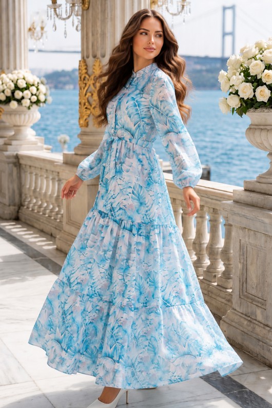 Desenli Tesettür Elbise Lacivert 554