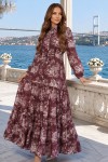 Desenli Tesettür Elbise Koyu Mor 556