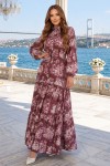 Desenli Tesettür Elbise Koyu Mor 556