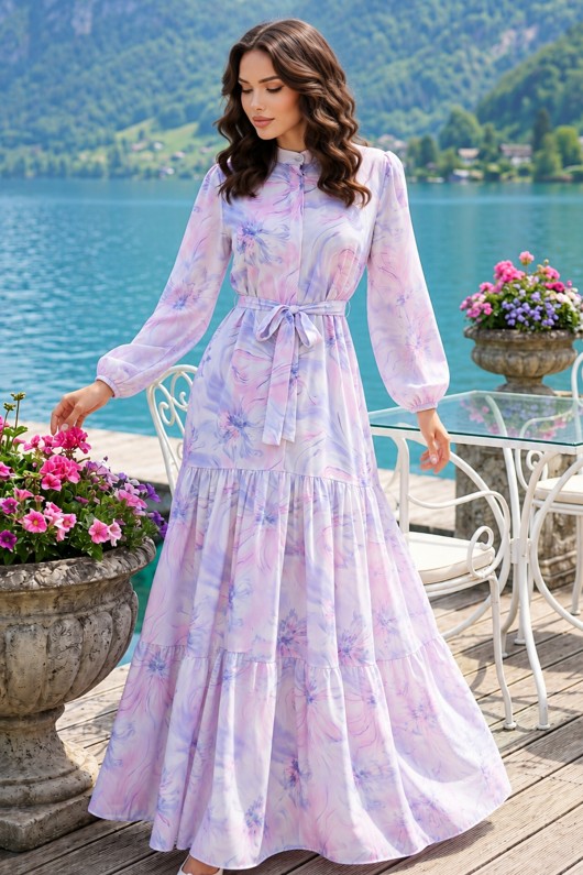 Desenli Tesettür Elbise Pembe 560