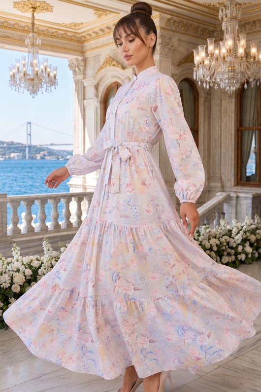 Desenli Tesettür Elbise Taş Rengi 569