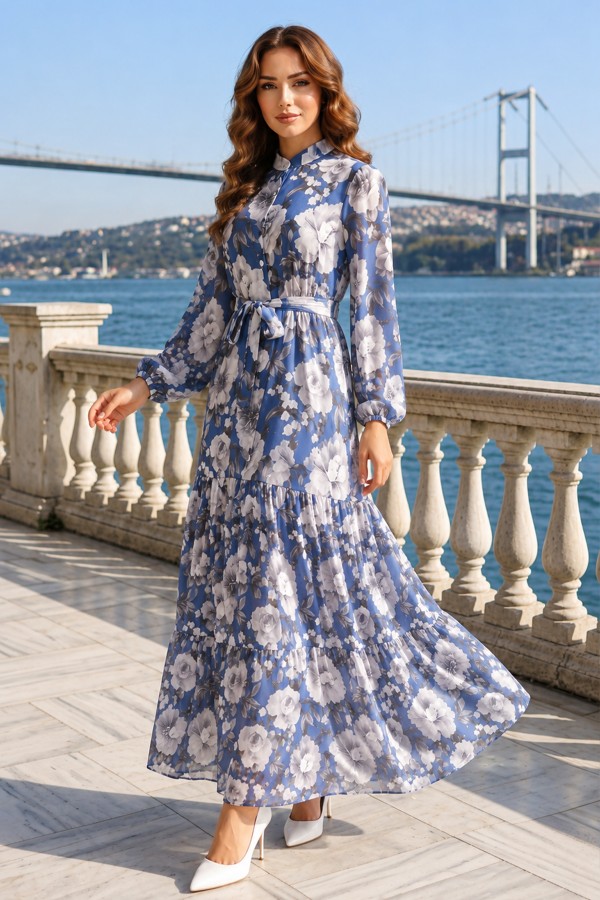 Desenli Tesettür Elbise Lacivert 576