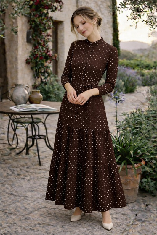 Puantiye Desenli Tesettür Elbise 586 Kahverengi