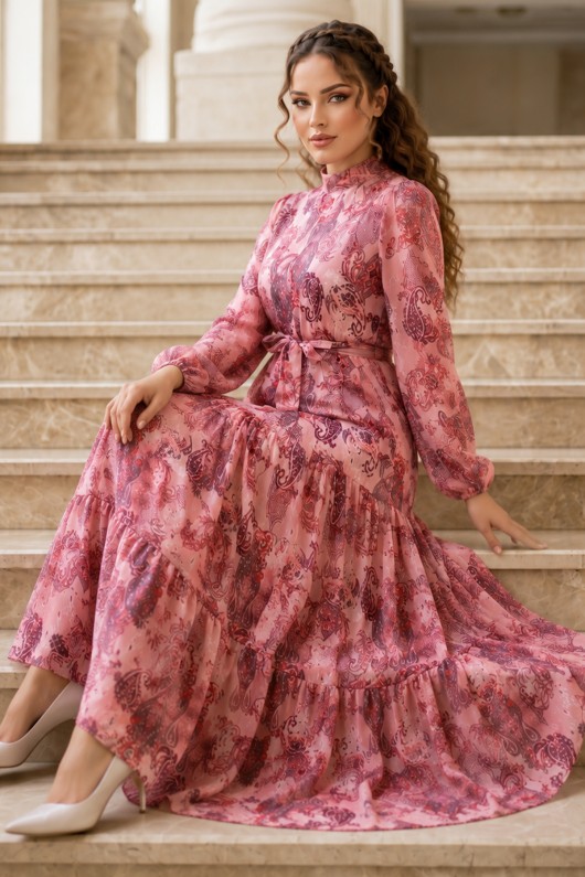 Desenli Tesettür Jessica Elbise B588 Pembe