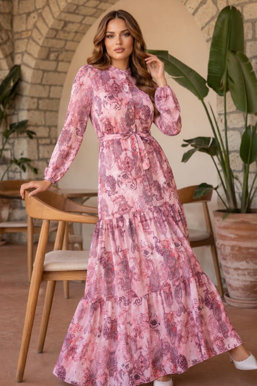 Desenli Tesettür Jessica Elbise B588 Pembe