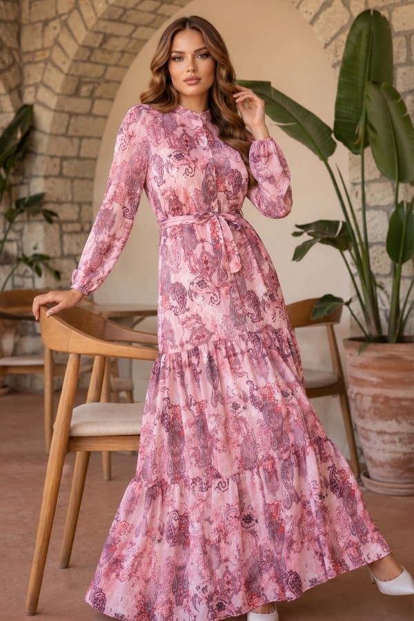 Desenli Tesettür Jessica Elbise B588 Pembe