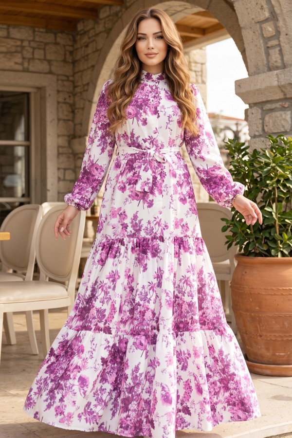 Desenli Tesettür Jessica Elbise B589 Fuşya Desenli Tesettür Jessica Elbise B589 Fuşya