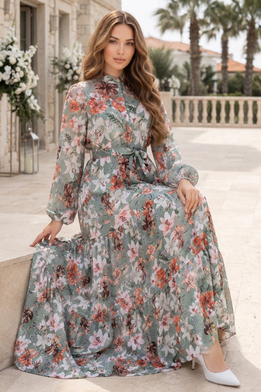 Desenli Tesettür  Jessica Elbise B590 Yeşil