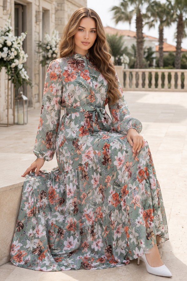 Desenli Tesettür  Jessica Elbise B590 Yeşil