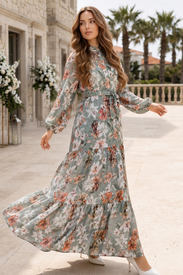 Desenli Tesettür  Jessica Elbise B590 Yeşil