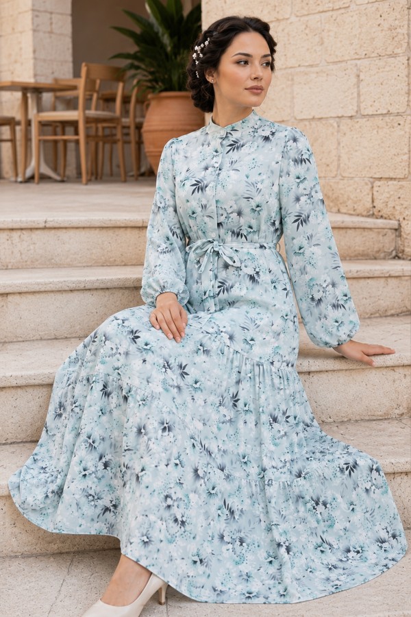 Desenli Tesettür  Jessica Elbise B591 Mint Yeşili
