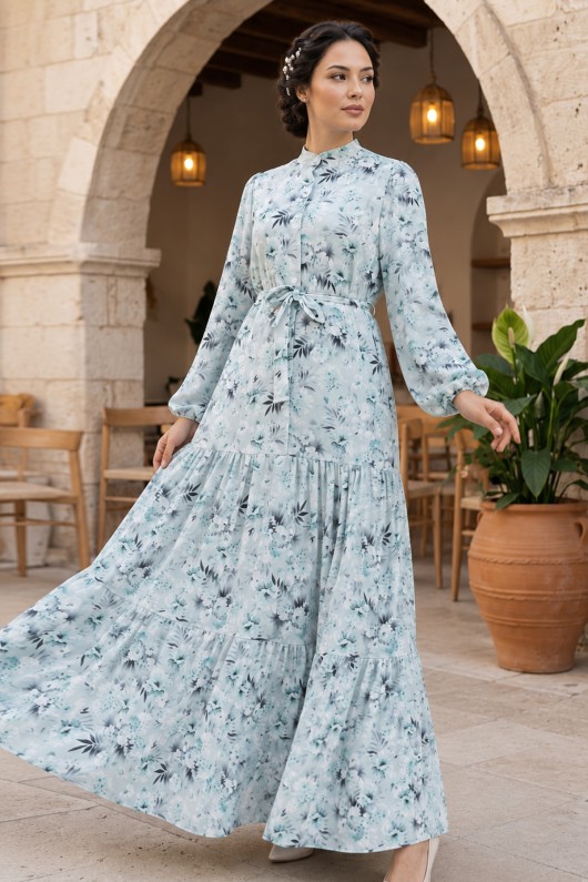 Desenli Tesettür  Jessica Elbise B591 Mint Yeşili