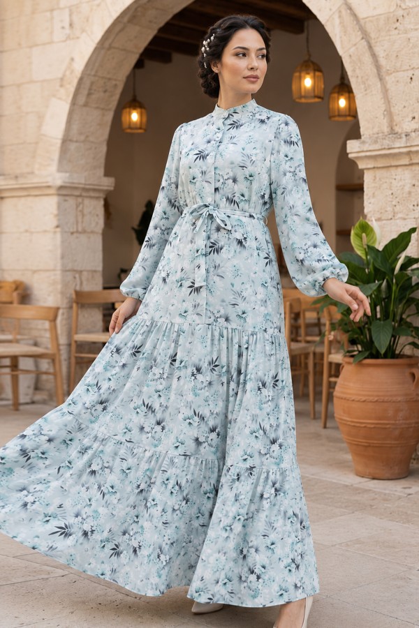 Desenli Tesettür  Jessica Elbise B591 Mint Yeşili