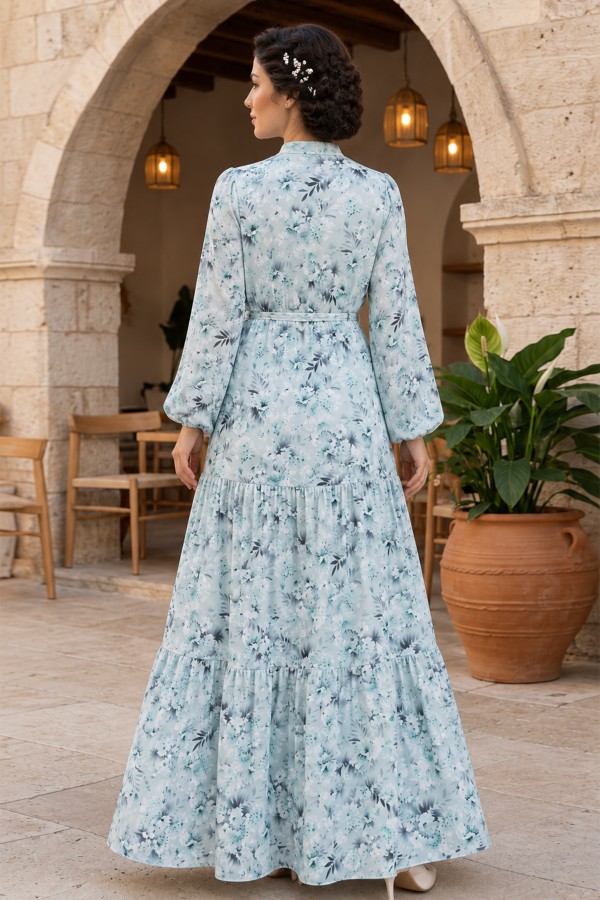 Desenli Tesettür  Jessica Elbise B591 Mint Yeşili
