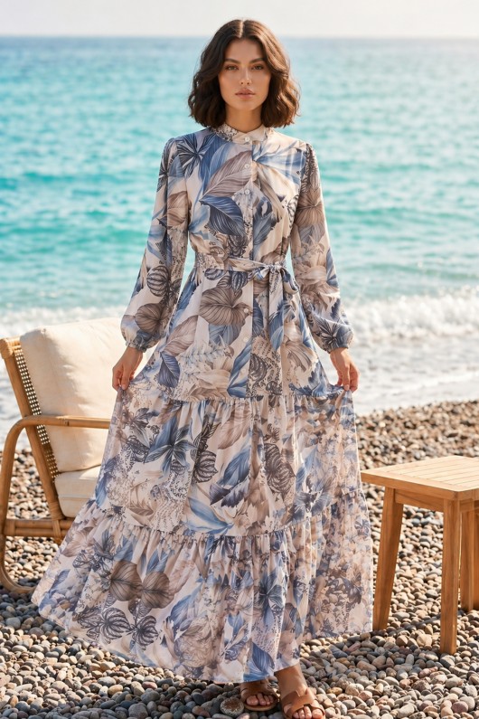 Desenli Tesettür  Jessica Elbise B601 Taş Rengi