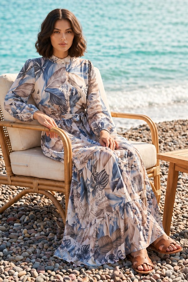 Desenli Tesettür  Jessica Elbise B601 Taş Rengi