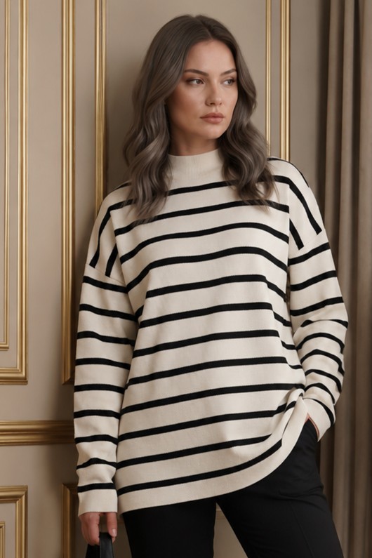 Çizgili Triko Tunik R6038 Ekru