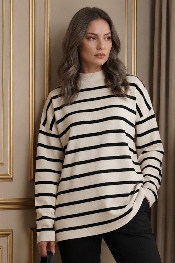 Çizgili Triko Tunik R6038 Taş Rengi