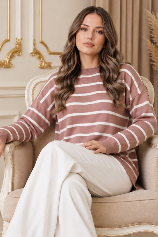 Çizgili Triko Tunik R6038 Gül Kurusu