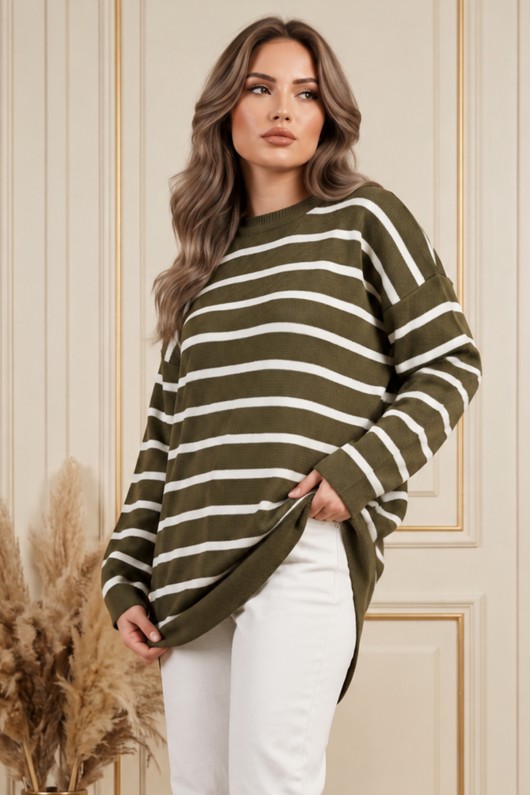 Çizgili Triko Tunik R6038 Haki