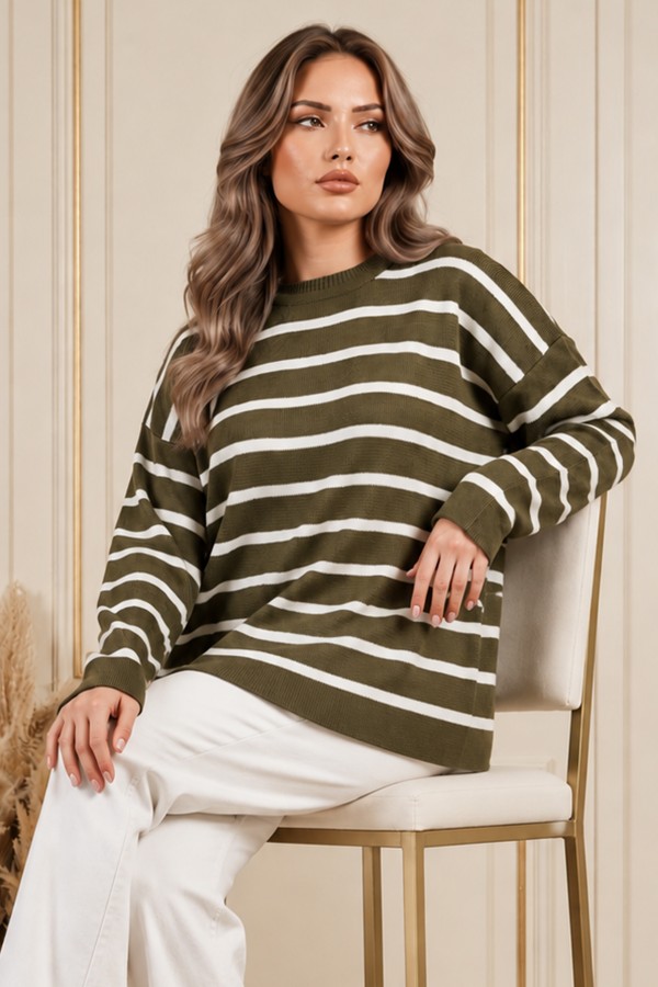 Çizgili Triko Tunik R6038 Haki