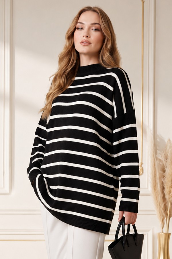 Çizgili Triko Tunik R6038 Siyah