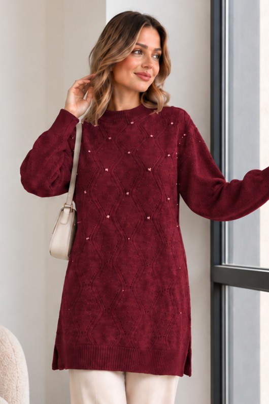 Taşlı Triko Kazak K6039 Bordo