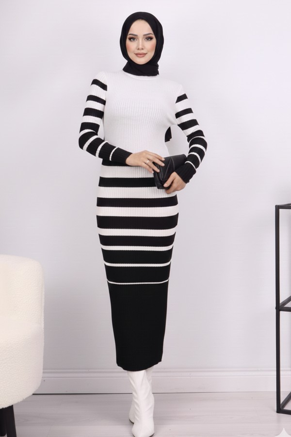 Balıkçı Yaka Triko Elbise Ekru 6041 Balıkçı Yaka Triko Elbise Ekru 6041