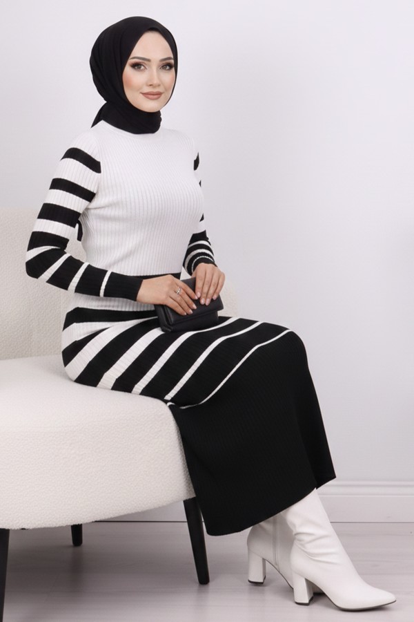 Balıkçı Yaka Triko Elbise Ekru 6041 Balıkçı Yaka Triko Elbise Ekru 6041