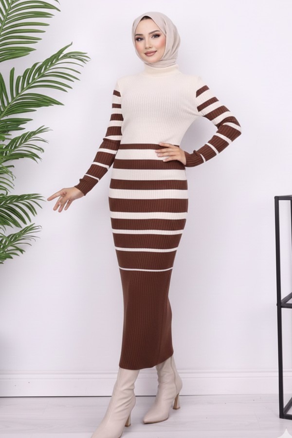  Balıkçı Yaka Triko Elbise Kahverengi 6041