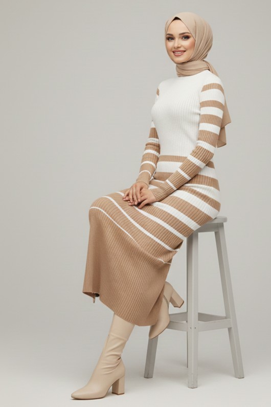 Balıkçı Yaka Triko Elbise Vizon 6041 Balıkçı Yaka Triko Elbise Vizon 6041