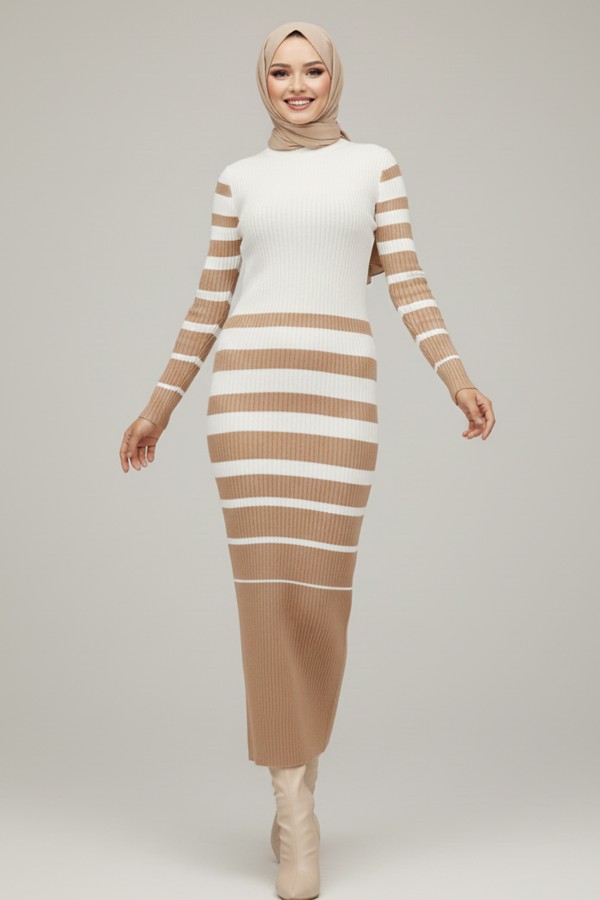 Balıkçı Yaka Triko Elbise Vizon 6041 Balıkçı Yaka Triko Elbise Vizon 6041