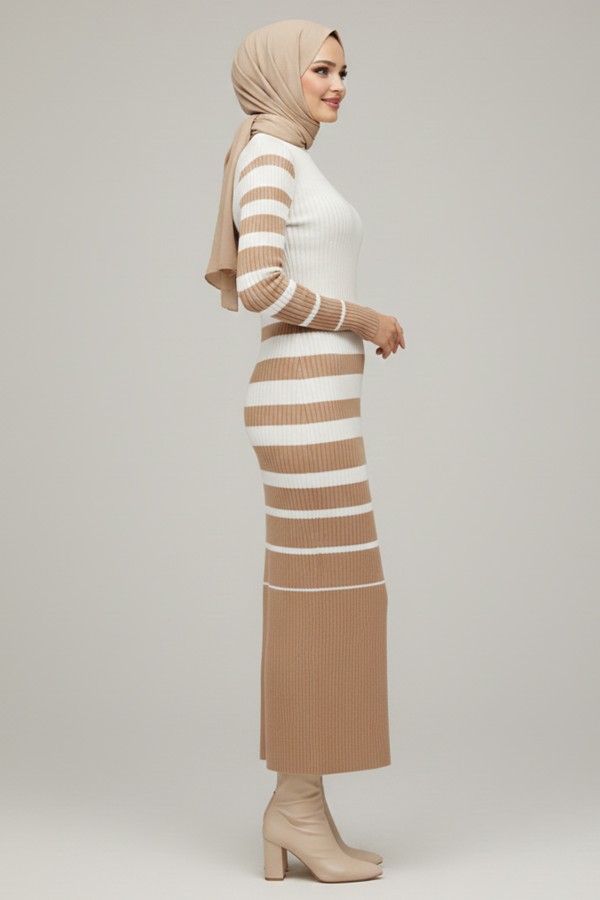 Balıkçı Yaka Triko Elbise Vizon 6041 Balıkçı Yaka Triko Elbise Vizon 6041