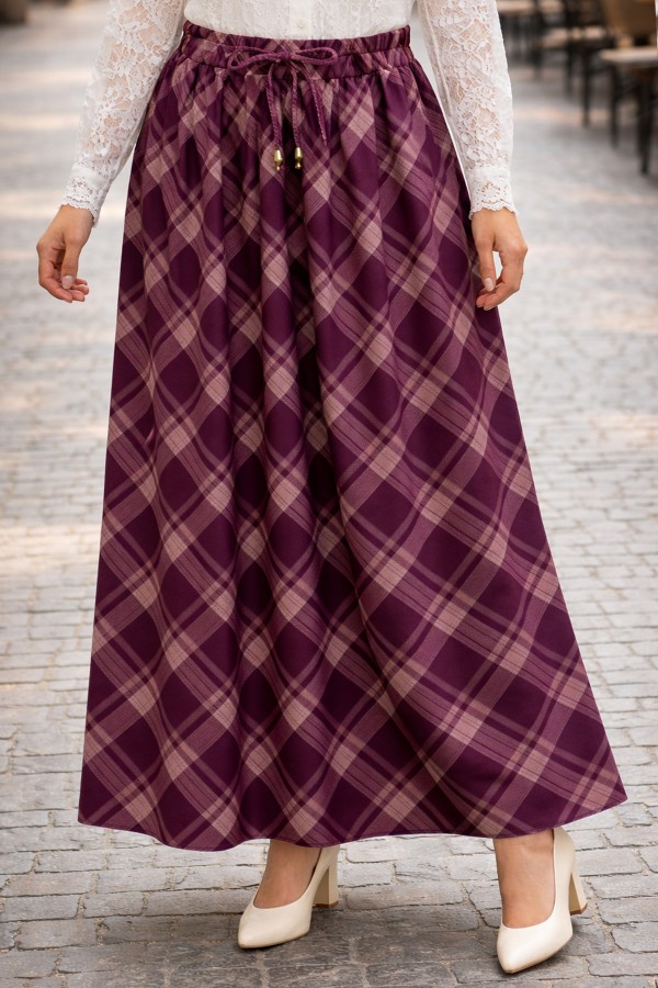 Beli Lastikli Ekose Etek A60684 Mor