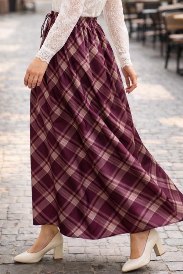 Beli Lastikli Ekose Etek A60684 Mor