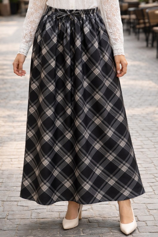 Beli Lastikli Ekose Etek A60684 Siyah Beli Lastikli Ekose Etek A60684 Siyah