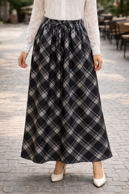 Beli Lastikli Ekose Etek A60684 Siyah