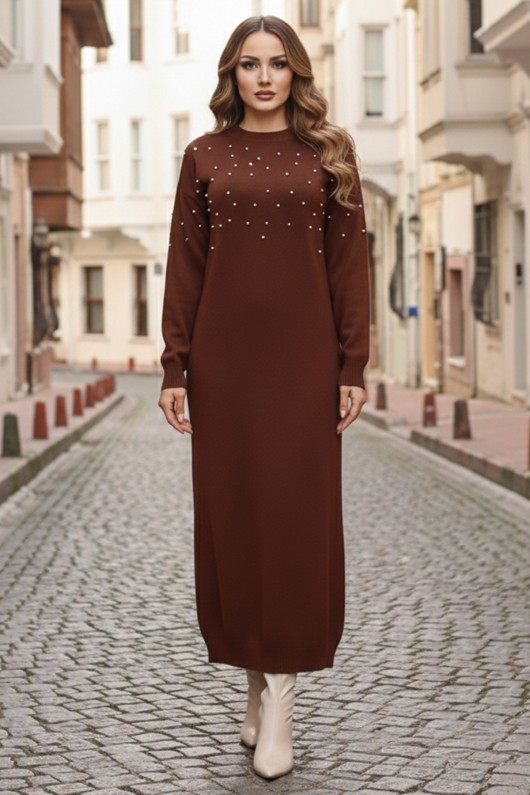 İnci Detaylı Triko Elbise Kahverengi 6079 İnci Detaylı Triko Elbise Kahverengi 6079
