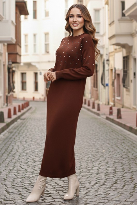 İnci Detaylı Triko Elbise Kahverengi 6079 İnci Detaylı Triko Elbise Kahverengi 6079