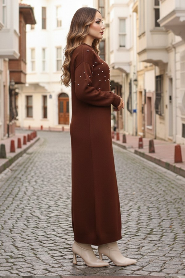  İnci Detaylı Triko Elbise Kahverengi 6079