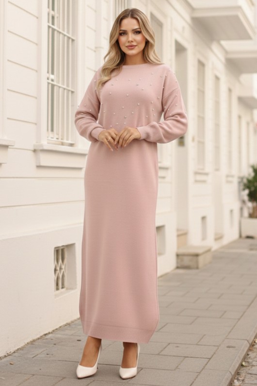 İnci Detaylı Triko Elbise Pudra 6079 İnci Detaylı Triko Elbise Pudra 6079