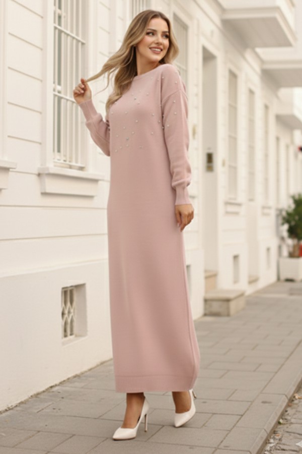  İnci Detaylı Triko Elbise Pudra 6079