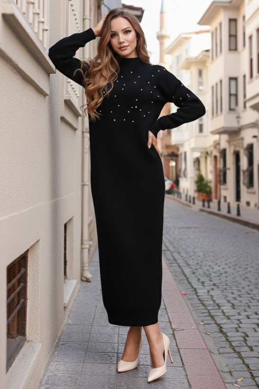 İnci Detaylı Triko Elbise Siyah 6079 İnci Detaylı Triko Elbise Siyah 6079