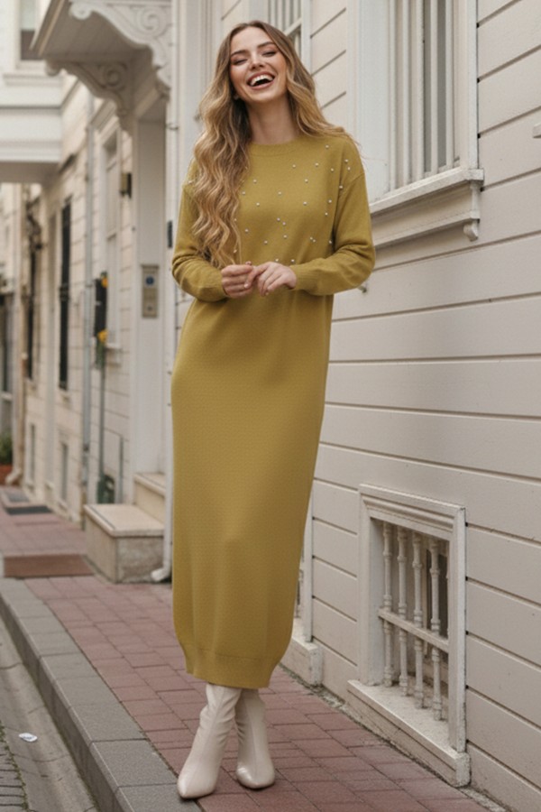  İnci Detaylı Triko Elbise Yağ Yeşili 6079