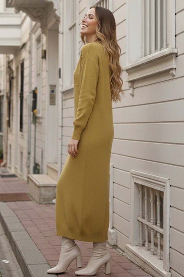  İnci Detaylı Triko Elbise Yağ Yeşili 6079