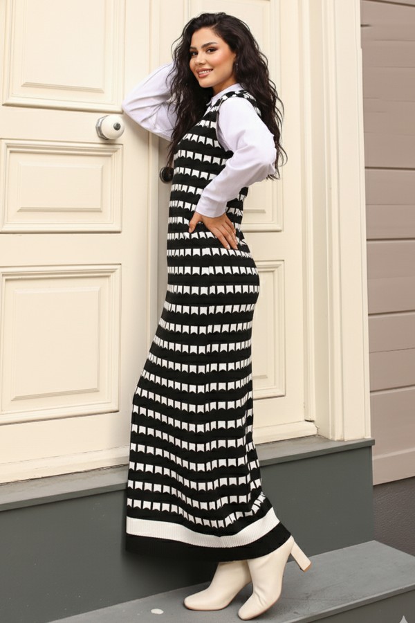  Desenli  Süveter Elbise Siyah 6084