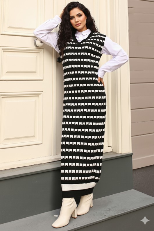Desenli  Süveter Elbise Siyah 6084  Desenli  Süveter Elbise Siyah 6084
