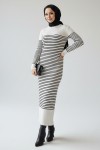  Balıkçı Yaka Çizgili Elbise Ekru 6104