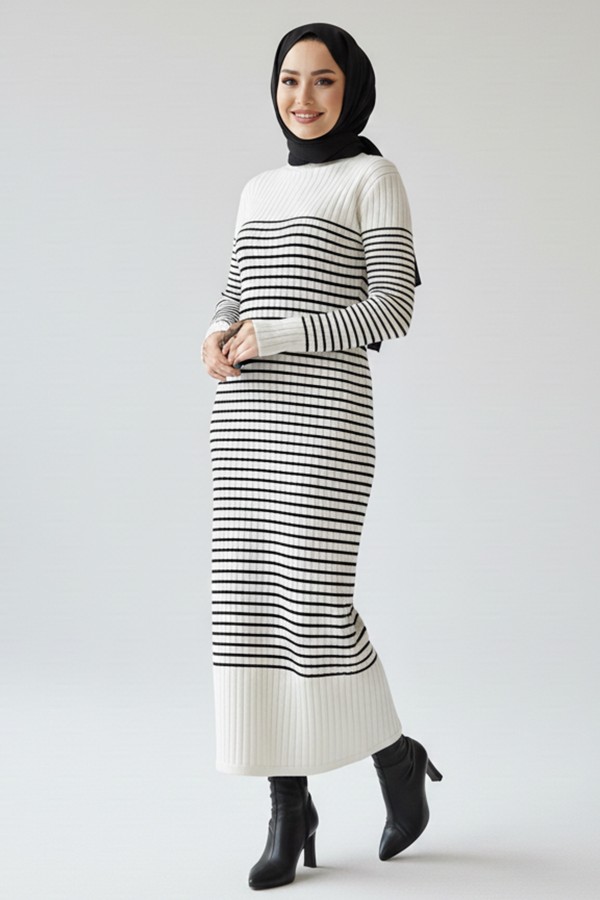  Balıkçı Yaka Çizgili Elbise Ekru 6104